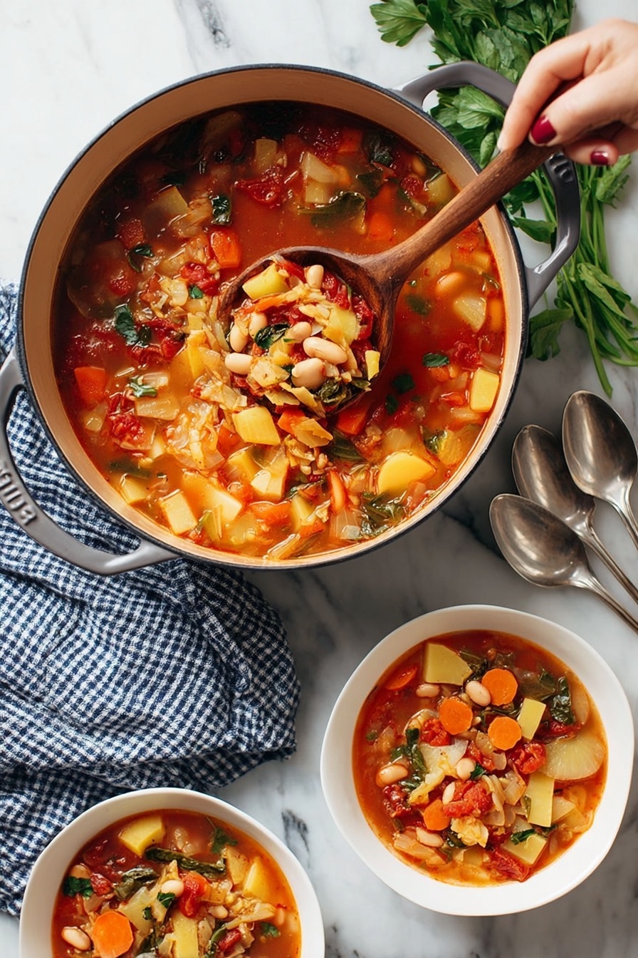 Hearty Cabbage Soup, comforting cabbage soup recipe, wholesome vegetable soup, easy cabbage soup, healthy soup recipe - The image shows a close-up view of a large black pot filled with colorful vegetable soup. Inside the soup, there are visible layers of pale yellow potato chunks, white beans with black spots, small bright orange carrot slices, light green cabbage pieces, red tomato chunks, and bits of green herbs sprinkled on top. A copper ladle with a wooden handle is scooping some soup from the pot, showing a mix of all the ingredients in its bowl. Next to the pot, there is a white plate also holding some soup. The pot is placed on a white marbled surface with some fresh green parsley on the side. Photo taken with an iphone --ar 2:3 --v 7