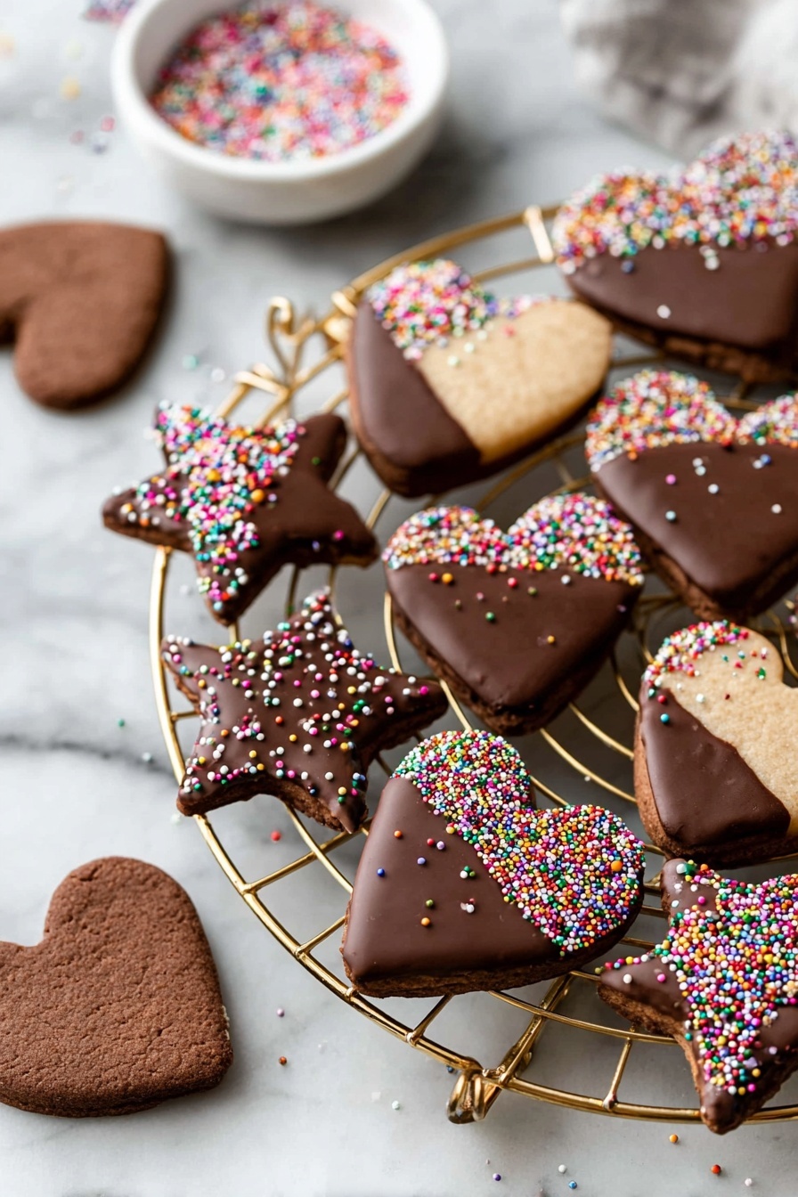 Chocolate Shortbread Cookies, chocolate shortbread recipe, easy chocolate cookies, buttery shortbread cookies, homemade chocolate cookies - The image shows a white marbled surface with a gold wire cooling rack filled with several chocolate cookies in heart and star shapes. Each cookie is decorated in two styles: some are half dipped in smooth chocolate with colorful round sprinkles on the dipped part, while others are fully coated in chocolate with sprinkles. Around the rack, a few plain chocolate heart-shaped cookies lie scattered on the marbled surface. In the background, a white bowl with more colorful sprinkles is visible, slightly out of focus. The photo taken with an iphone --ar 2:3 --v 7