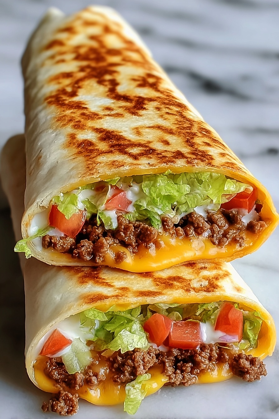 Keto Beef Crunchwraps, low-carb beef wraps, keto Tex-Mex recipes, keto dinner ideas, keto-friendly beef wraps - Three large triangle layers of quesadilla are stacked on a white marbled surface. Each quesadilla piece has a golden brown toasted tortilla with a slightly crispy texture. The top layer shows shredded green lettuce, melted white and orange cheese, and browned ground beef inside. The middle layer reveals chopped red tomatoes in addition to the same layers of green lettuce, melted cheese, and ground beef. The bottom layer also shows all these ingredients, with the rich browns of the beef contrasting the bright greens of lettuce and the yellows and whites of melted cheese. The image is focused close up on the quesadillas with a soft blurred white background. Photo taken with an iphone --ar 2:3 --v 7