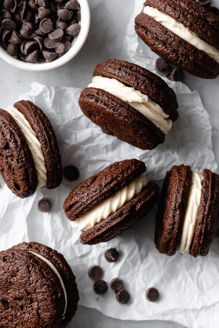 Brownie Cookie Sandwiches with Cookie Dough Buttercream, brownie cookie sandwiches, chocolate dessert recipes, cookie dough frosting ideas, easy brownie cookies - The image shows several chocolate sandwich cookies placed on crumpled white paper over a white marbled surface. Each cookie has two dark brown, rich textured chocolate layers with a thick, smooth, cream-colored filling in the middle. The cookies are arranged in a casual, scattered way, with one white bowl filled with dark chocolate chips near the bottom center. The overall look is rich and inviting, with the contrast between the dark chocolate and light filling clearly visible photo taken with an iphone --ar 2:3 --v 7