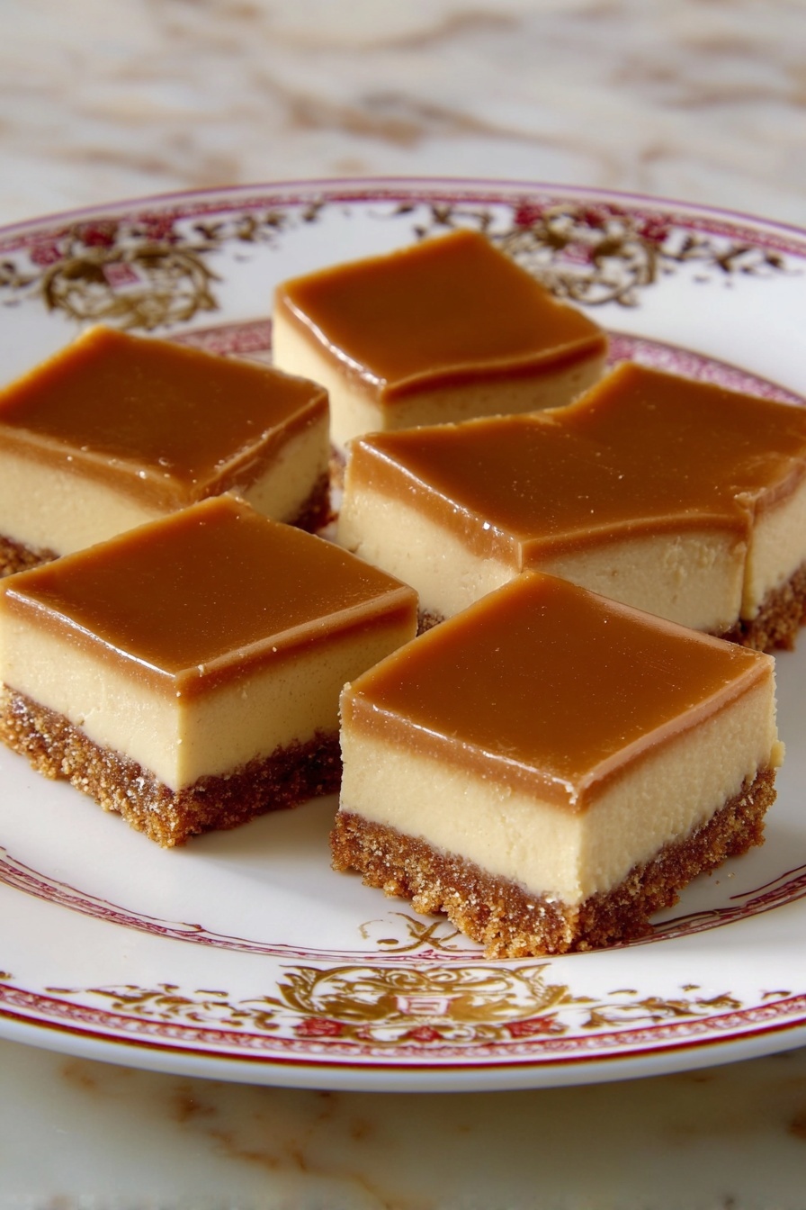 Dulce de Leche Cheesecake Bars, caramel cheesecake bars, easy cheesecake bars, caramel dessert recipe, no-bake cheesecake bars - Five square pieces of dessert are placed on a white plate with gold and red floral patterns around the edge. Each piece has three layers: a bottom crumbly brown crust, a thick middle creamy beige layer, and a smooth shiny light brown topping that covers the whole top surface. The dessert pieces are arranged close to each other in the center of the plate, which sits on a white marbled textured surface. photo taken with an iphone --ar 2:3 --v 7