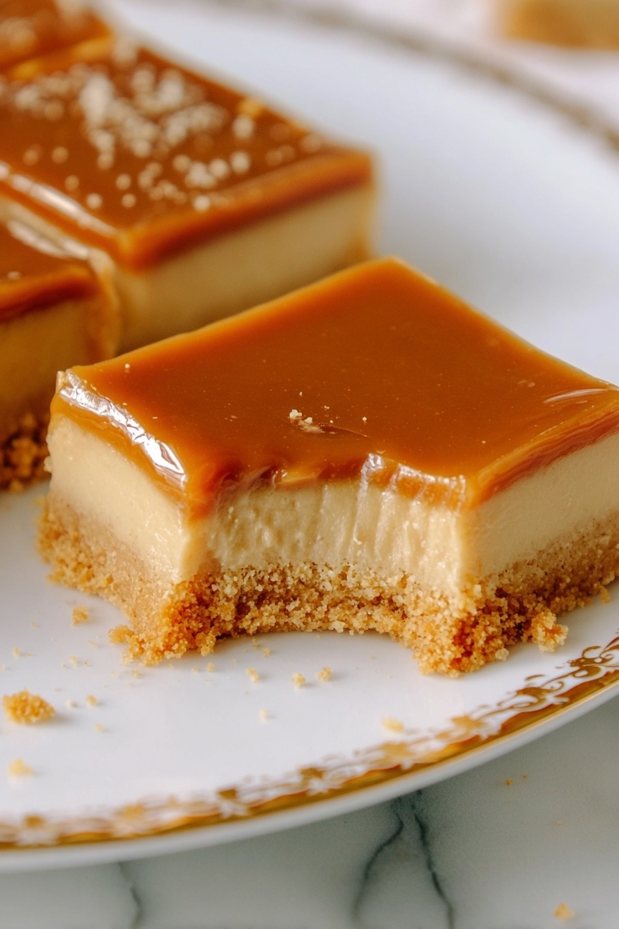 Dulce de Leche Cheesecake Bars, caramel cheesecake bars, easy cheesecake bars, caramel dessert recipe, no-bake cheesecake bars - The image shows square dessert pieces with three clear layers placed on a white plate with a gold and dark red decorative rim. The bottom layer is thick and crumbly, light brown in color and looks like a biscuit base. The middle layer is creamy and pale beige, smooth and firm in texture. The top layer is a shiny, smooth caramel-colored glaze that slightly drips over the edges. The pieces are neatly cut and arranged close together on the plate, which is set on a white marbled surface. Photo taken with an iphone --ar 2:3 --v 7