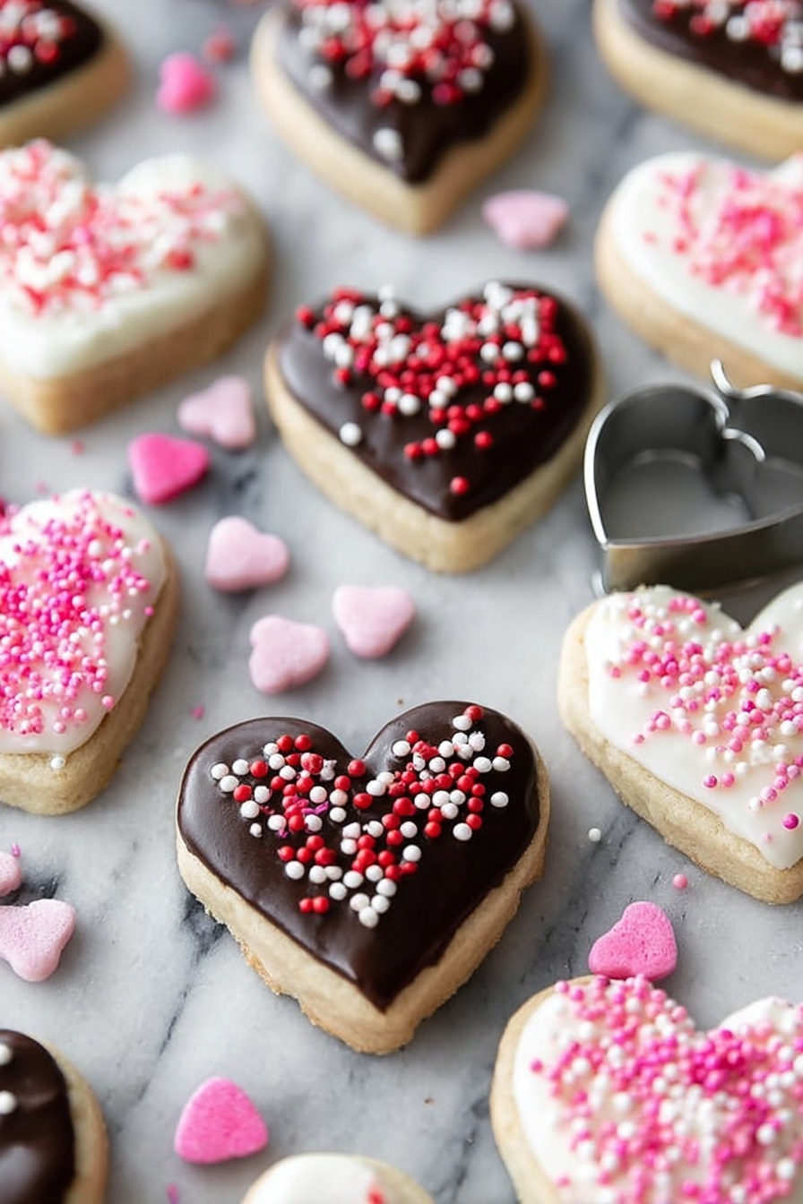 Valentine Heart Cookies with Chocolate Dip, Valentine Cookies, Heart-Shaped Cookies, Chocolate Dip Cookies, Easy Valentine's Day Cookies - The image shows several heart-shaped cookies on a white marbled surface. Each cookie has two layers: a beige base and a top layer of smooth icing. Some cookies have dark brown chocolate icing topped with small red, pink, and white round sprinkles. Other cookies have white icing with red and pink sprinkles. Scattered pink and white heart-shaped candies are placed around the cookies. A silver heart-shaped cookie cutter stands near the center of the image. The photo taken with an iphone --ar 2:3 --v 7