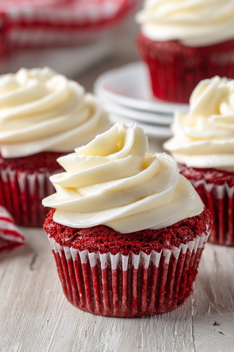 Red Velvet Cupcakes with Ermine Frosting, red velvet cupcake recipe, homemade red velvet cupcakes, elegant cupcake frosting, classic ermine frosting - The image shows a close-up of several red velvet cupcakes with three main parts: a red cake base in a red and white paper liner, topped with a thick swirl of creamy white frosting that has smooth, soft peaks. The cupcakes sit on a light wooden surface with blurred cupcakes and a white plate in the background. The frosting has a smooth, slightly fluffy texture that contrasts with the dense, moist-looking red cake. The photo taken with an iphone --ar 2:3 --v 7