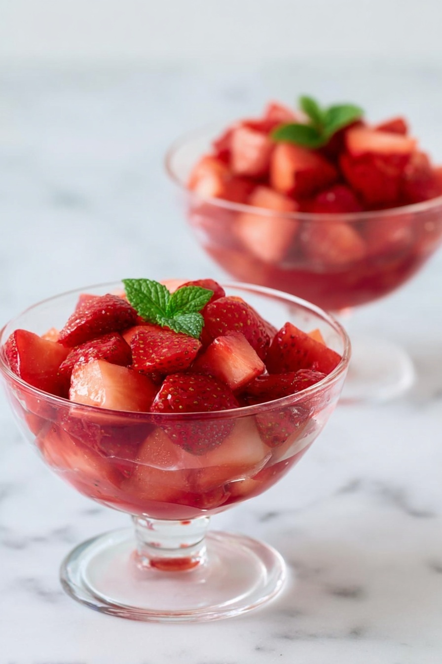 Strawberry Mint Fruit Salad, fresh fruit salad with strawberries and mint, easy fruit salad recipe, healthy summer fruit salad, refreshing fruit salad - Two clear glass dessert cups sit on a white marbled surface, each filled with a single layer of bright red strawberry pieces mixed with lighter pink chunks of another fruit, topped with a small green mint leaf in the center. The strawberries have a glossy, juicy texture, and the cups have a rounded shape with a short stem and flat base. The focus is on the front cup, with the second cup softly blurred in the background. photo taken with an iphone --ar 2:3 --v 7