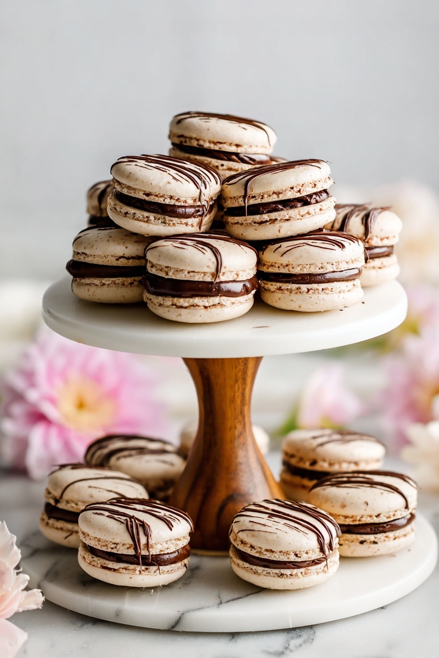 Chocolate Macarons with Ganache, French chocolate macarons, homemade chocolate macarons, silky ganache filling, elegant dessert recipes - A two-layer white ceramic stand with a wooden center holds many light brown macarons filled with a thick dark chocolate layer; the macarons are drizzled with thin dark chocolate lines on top. The top layer has about eight macarons stacked closely, and the bottom layer has around twelve arranged in a loose pile. The stand is placed on a white marbled surface with soft pink and white flowers blurred in the background, giving a clean and delicate look. photo taken with an iphone --ar 2:3 --v 7