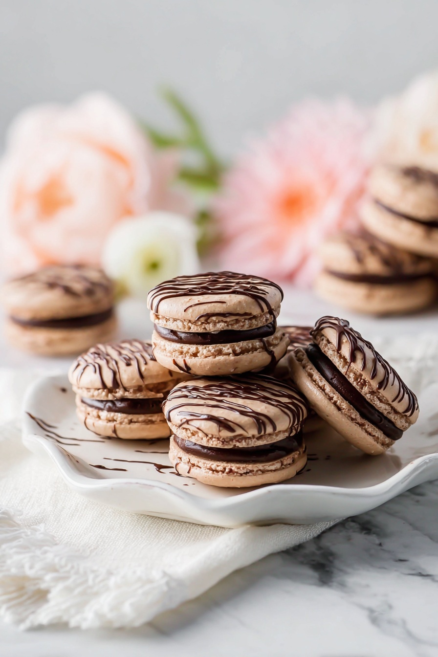 Chocolate Macarons with Ganache, French chocolate macarons, homemade chocolate macarons, silky ganache filling, elegant dessert recipes - The image shows several chocolate macarons stacked on a white plate with a wavy edge. Each macaron has two round light brown shells with a smooth texture and a dark chocolate filling in the middle. The top shells have thin dark chocolate lines drizzled on them in a crisscross pattern. The white plate sits on a folded white cloth, all placed on a white marbled surface. In the background, there are soft blurred flowers in light pink and white colors. Photo taken with an iphone --ar 2:3 --v 7