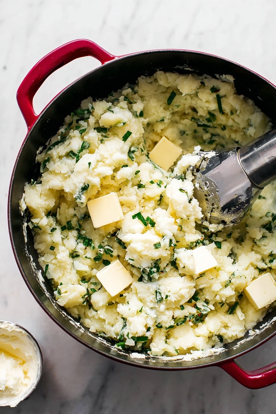 Kale Colcannon Mashed Potatoes, creamy garlic mashed potatoes with kale, hearty veggie mashed potatoes, easy kale mashed potato recipe, Irish-style kale mash - The image shows a black and red pot filled with mashed potatoes mixed with chopped green herbs. There are some small cubes of yellow butter and white cream dollops on top of the mashed potatoes. A metal potato masher with a black handle is partially pressing into the potatoes. The pot is placed on a white marbled surface, with a small container of cream nearby. The texture of the mashed potatoes is chunky with visible bits of green herbs and creamy streaks. photo taken with an iphone --ar 2:3 --v 7