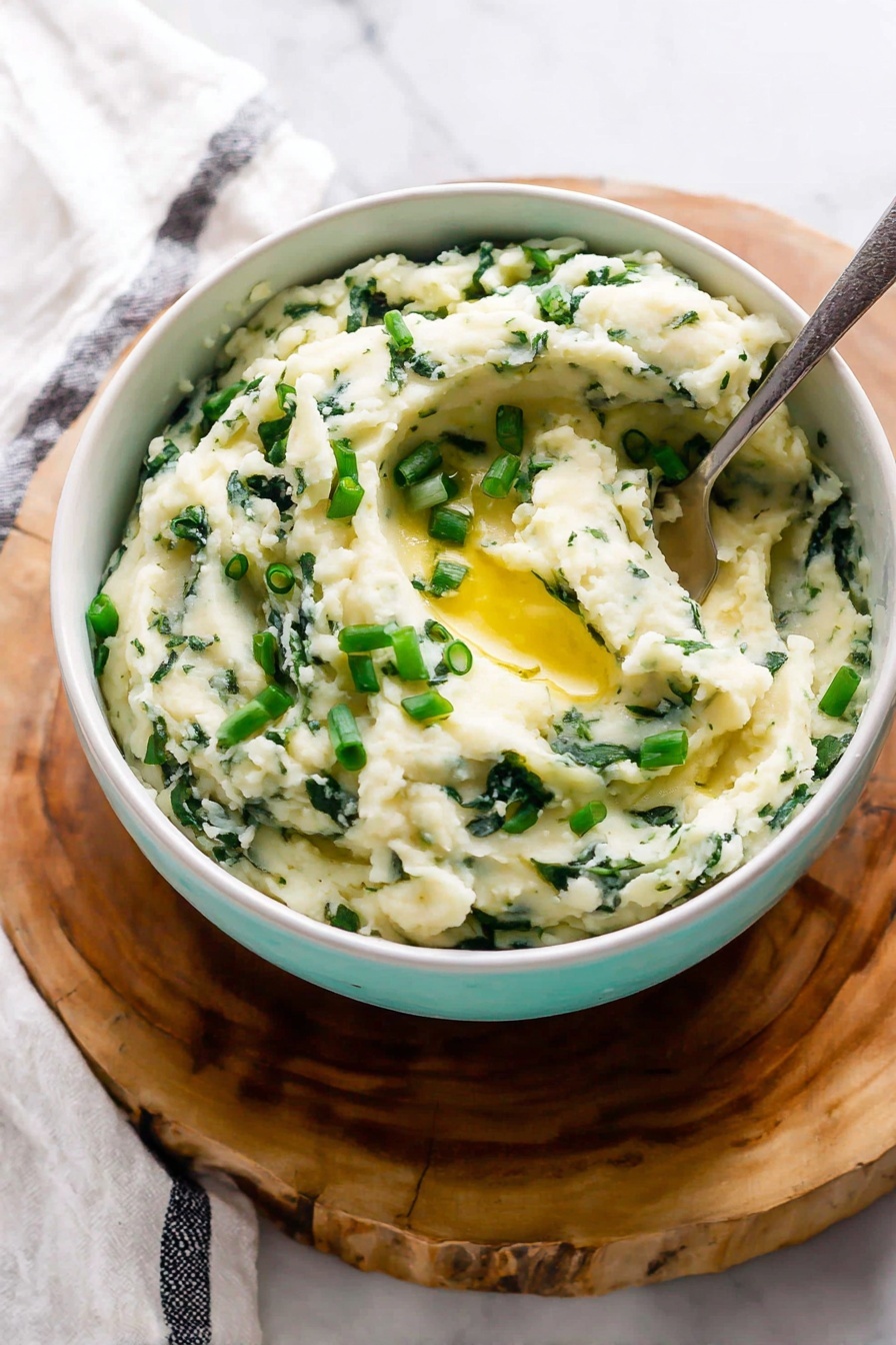 Kale Colcannon Mashed Potatoes, creamy garlic mashed potatoes with kale, hearty veggie mashed potatoes, easy kale mashed potato recipe, Irish-style kale mash - A bowl filled with creamy mashed potatoes mixed with green leafy herbs, creating a speckled white and dark green texture. The potatoes have a smooth but chunky look, with a small pool of melted yellow butter in the center. Bright green chopped scallions are sprinkled on top, adding fresh color. A silver spoon is partially inside the bowl. The bowl is white with a subtle light turquoise gradient on the outside, sitting on a round wooden board with natural grain patterns. The background is a white marbled surface with a white cloth that has a dark stripe nearby. Photo taken with an iphone --ar 2:3 --v 7