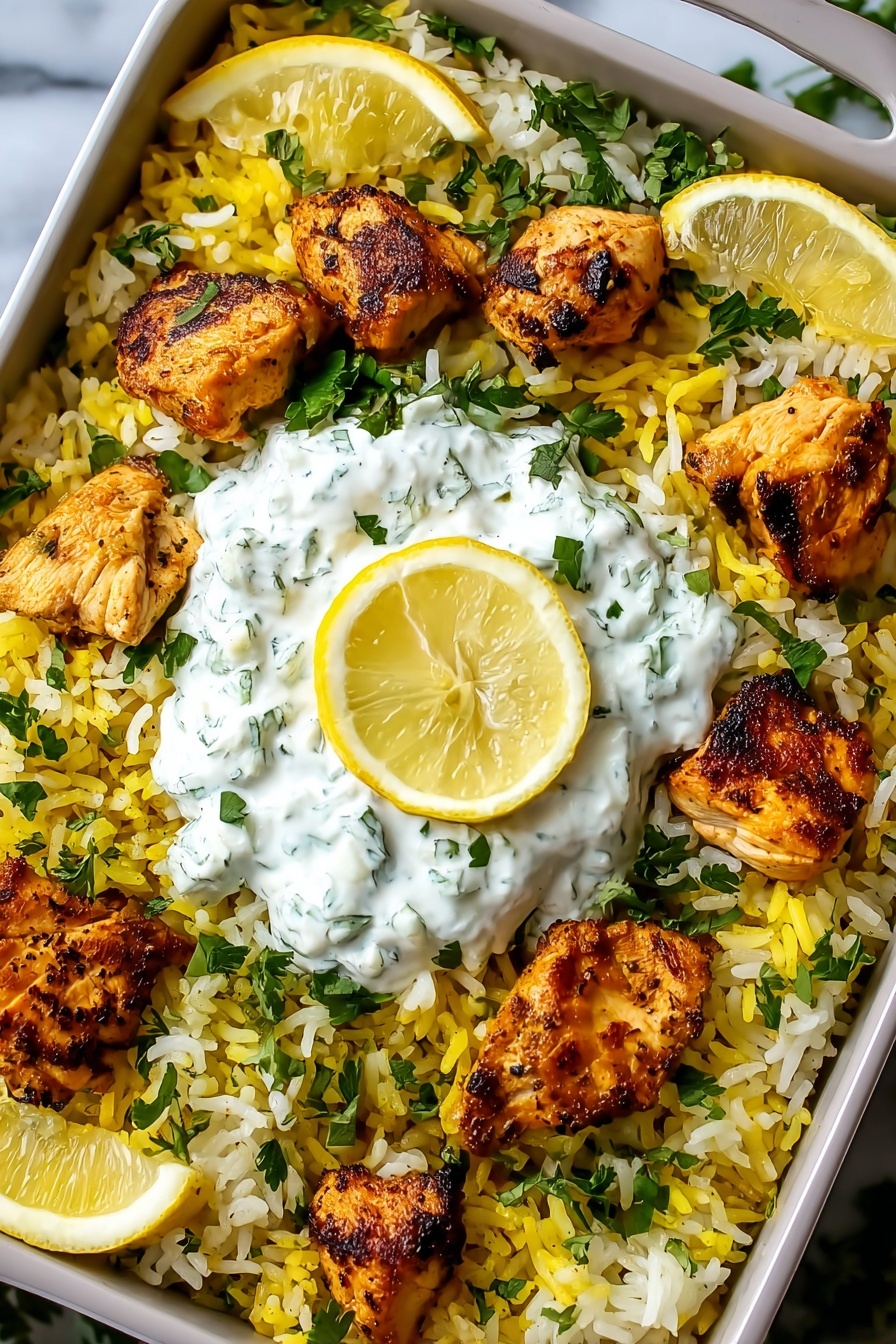 Dump-and-Bake Chicken Tzatziki Rice, Chicken Tzatziki Rice, Easy Chicken and Rice Bake, One-Pot Tzatziki Chicken, Simple Dinner Recipes - The dish is served in a white rectangular pan filled with a bed of yellow and white rice mixed together, giving a soft but slightly fluffy look. On top of the rice are several pieces of grilled golden-brown chicken chunks, lightly charred on the edges, scattered evenly around. In the center, there is a dollop of white creamy sauce with small green herb bits mixed in, topped with a half-moon slice of lemon. Additional lemon wedges and chopped green herbs are spread across the dish, adding bright colors and fresh contrast. The background is a white marbled texture. Photo taken with an iphone --ar 2:3 --v 7