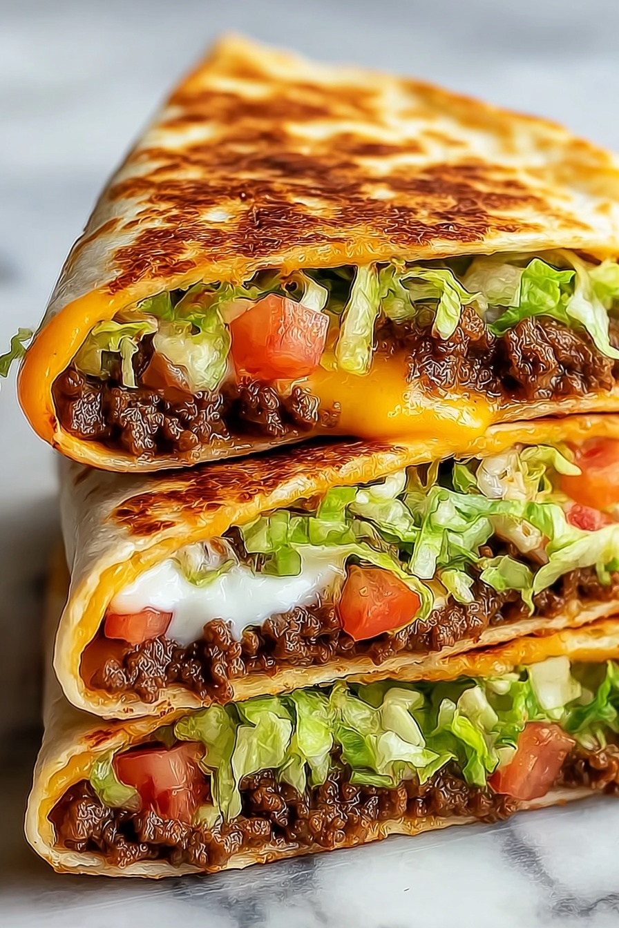 Keto Beef Crunchwraps, low-carb beef wraps, keto Tex-Mex recipes, keto dinner ideas, keto-friendly beef wraps - The image shows two thick wraps stacked on a white marbled surface, each cut in half to reveal the inside layers. The wrap layer is golden-brown and toasted with a slightly crispy texture. Inside, there is a layer of cooked ground beef with a rich brown color, mixed with small pieces of red onion. Above the beef, there is a layer of shredded green lettuce, adding fresh green color. Melty orange cheddar cheese is spread throughout the wrap, blending with the beef and lettuce. White sauce is visible near the top edge where it lightly covers the lettuce. The wraps look soft but firm, showing all the layers clearly in close detail. photo taken with an iphone --ar 2:3 --v 7