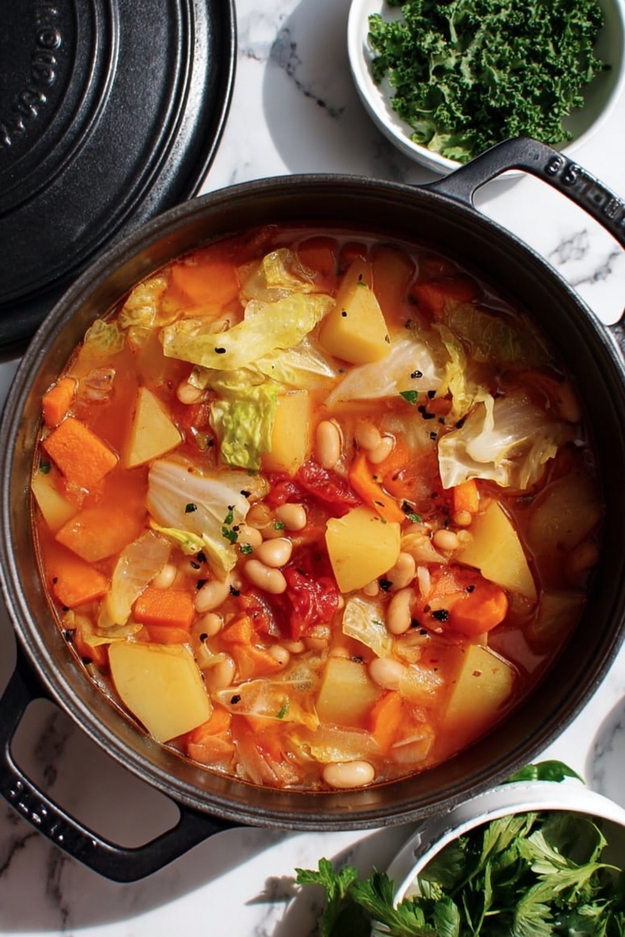 Hearty Cabbage Soup, comforting cabbage soup recipe, wholesome vegetable soup, easy cabbage soup, healthy soup recipe - The image shows a black pot filled with a colorful vegetable soup on a white marbled surface. The soup has several layers visible: a red-orange broth with pieces of light yellow potatoes, orange carrot slices, white and green cabbage chunks, small white beans with black spots, and red tomato pieces mixed throughout. There are fresh green leafy herbs in a separate white bowl nearby, and some fresh green herbs are also placed next to the pot. The pot has a lid resting on the side. photo taken with an iphone --ar 2:3 --v 7