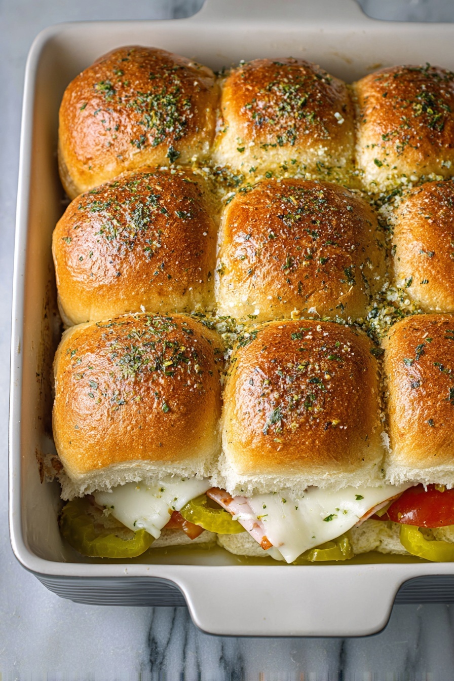 Italian Sub Slider Sandwiches, Italian sub sliders, Italian sandwich appetizers, easy slider sandwich recipes, party finger foods - A white baking dish holds nine golden brown slider buns arranged in a 3x3 grid. The buns are soft with a shiny top and sprinkled with finely chopped herbs and garlic. Between the bottom layer of buns and the top, there is a layer of melted white cheese and slices of light-colored deli meat. At the edges, sliced green pickled peppers and a few red tomato pieces peek out. The dish is placed on a white marbled surface. Photo taken with an iphone --ar 2:3 --v 7