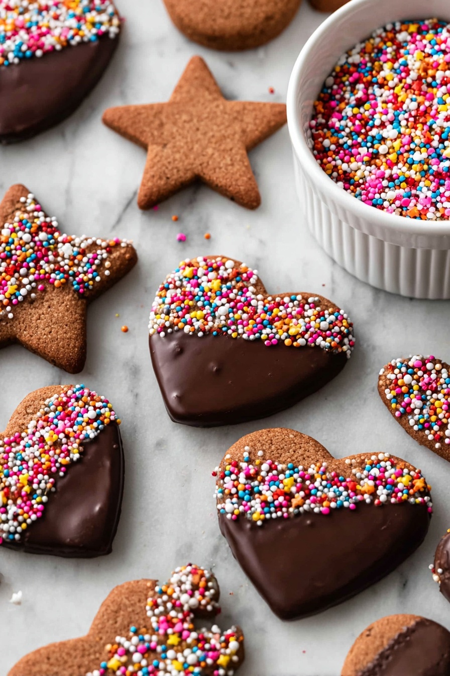 Chocolate Shortbread Cookies, chocolate shortbread recipe, easy chocolate cookies, buttery shortbread cookies, homemade chocolate cookies - A group of brown cookies shaped like hearts, stars, and acorns lie flat on a white marbled surface. Each cookie has one side dipped in smooth dark chocolate, forming a clean edge where the chocolate ends. On the chocolate layer, colorful small round sprinkles in red, pink, yellow, white, blue, orange, and green cover some cookies fully or partially, creating a bright contrast. A white ribbed bowl filled with more colorful sprinkles is placed on the right side near the cookies. The scene is close-up and well-lit, showing the matte texture of the cookies alongside the glossy chocolate and vibrant sprinkles. Photo taken with an iphone --ar 2:3 --v 7