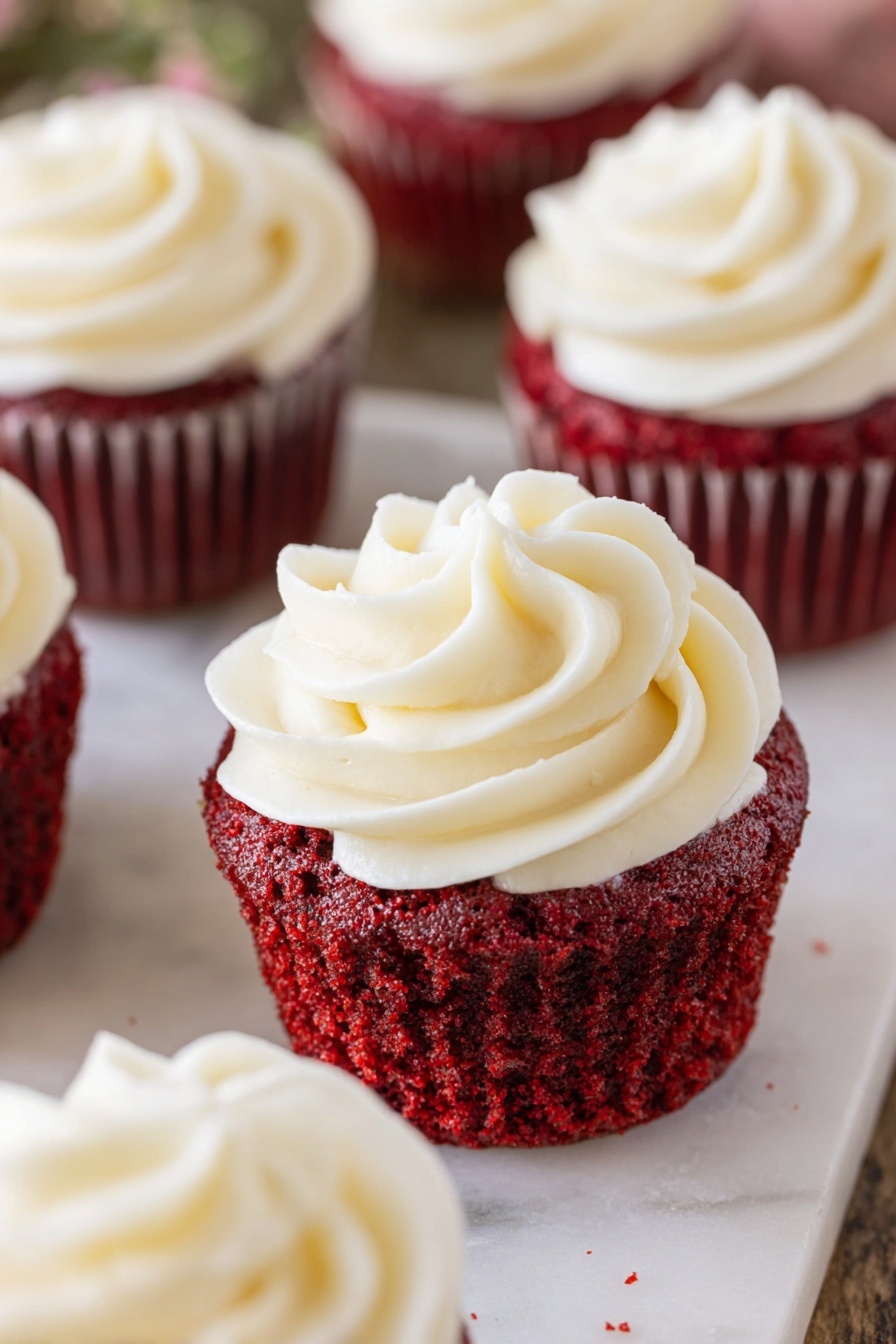 Red Velvet Cupcakes with Ermine Frosting, red velvet cupcake recipe, homemade red velvet cupcakes, elegant cupcake frosting, classic ermine frosting - The image shows a close-up view of a red velvet cupcake placed on a white marbled surface. The cupcake has two main layers: a rich, deep red cake base with a slightly moist texture, and a thick top layer of smooth, creamy white frosting piped in a swirl pattern, forming soft, round peaks. Surrounding the cupcake are other similar red velvet cupcakes, each with matching white frosting swirls, all arranged in a softly focused background. The overall look is elegant and inviting, highlighting the contrast between the bright red cake and the creamy white frosting. Photo taken with an iphone --ar 2:3 --v 7