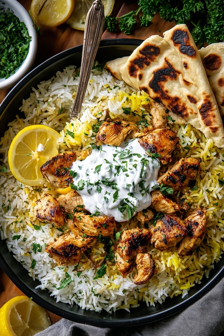 Dump-and-Bake Chicken Tzatziki Rice, Chicken Tzatziki Rice, Easy Chicken and Rice Bake, One-Pot Tzatziki Chicken, Simple Dinner Recipes - A black round bowl filled with a layered dish: at the bottom, a mix of white and yellow rice spread evenly, on top scattered pieces of grilled chicken with a light brown char and chunks of yellow bell pepper. Near the center is a dollop of white creamy sauce with chopped green herbs. Two folded pieces of flatbread with dark brown char marks rest on one side of the bowl. A lemon wedge sits on the left edge inside the bowl. A vintage fork with a dark handle is stuck into the rice near the lemon wedge. The bowl is placed on a grey cloth on a wooden surface, and the background shows some parsley, cut lemons, and a white bowl with green herb mix. Photo taken with an iphone --ar 2:3 --v 7