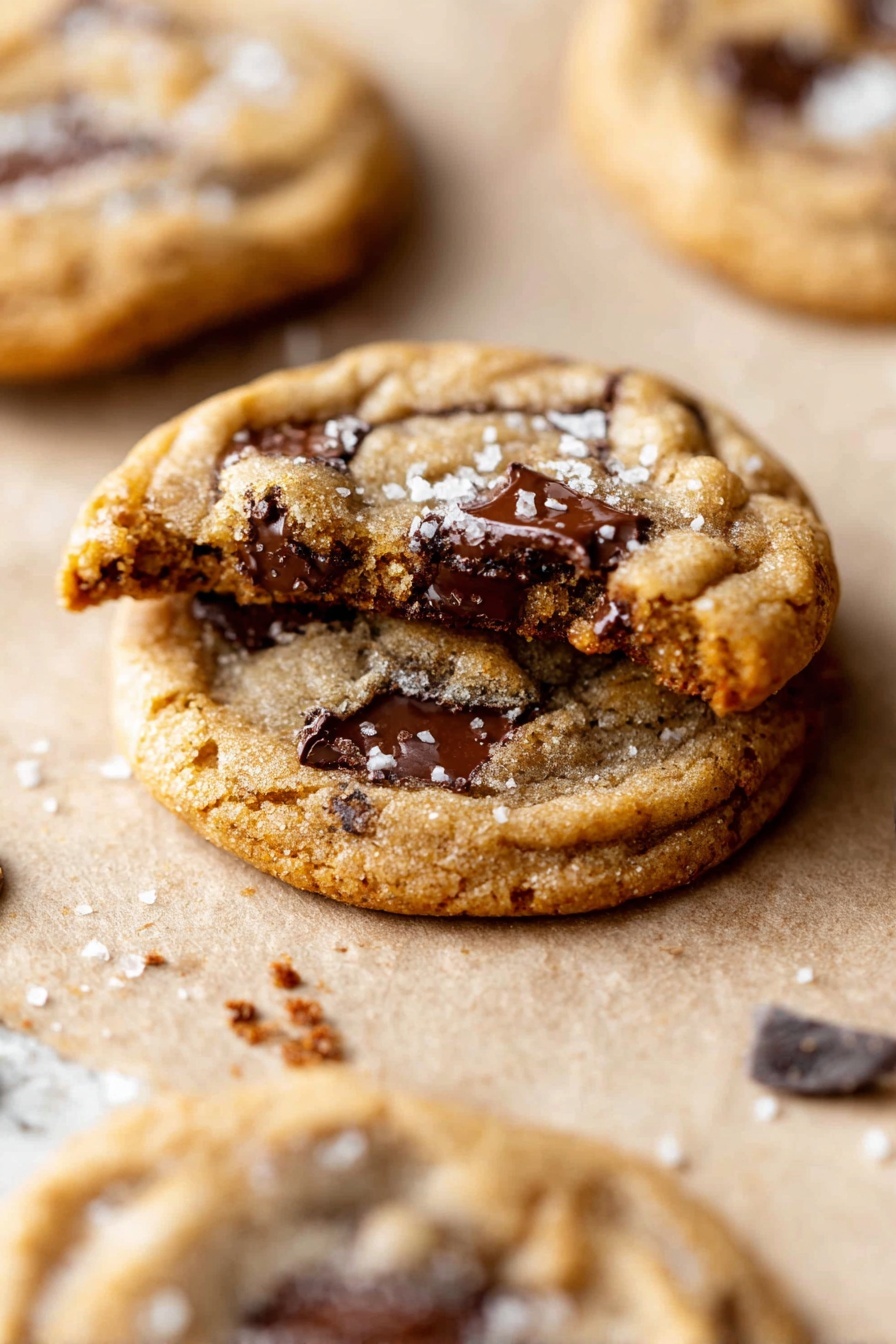 Espresso Chocolate Chip Cookies, coffee-flavored cookies, chocolate chip cookie recipe, easy coffee cookies, baked chocolate espresso treats - The image shows a close-up of a stack of three soft, chewy chocolate chip cookies with a golden-brown color. The top cookie is slightly broken at the edge, revealing melted dark chocolate chunks inside. The cookies have a rough texture with visible chocolate bits and a few scattered grains of salt on top. They are placed on a light brown parchment paper with some small crumbs and chocolate chips around them. The background is a white marbled surface with another blurred cookie in the foreground. photo taken with an iphone --ar 2:3 --v 7