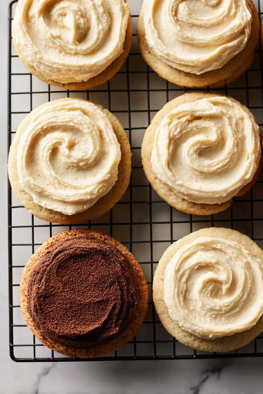 Tiramisu Coffee Cookies with Mascarpone Frosting, Coffee Cookies with Mascarpone Frosting, Coffee Dessert Recipes, Italian Cookies, Coffee and Mascarpone Treats - The image shows seven round cookies on a black wire cooling rack placed over a white marbled surface. Six cookies have a smooth and creamy light beige frosting swirled on top, with each swirl giving a soft texture look. One cookie stands out with a darker, chocolate-colored frosting that has a drier, thicker texture and a dusting of cocoa powder on top. The cookies are evenly spaced except for one chocolate-frosted cookie placed near the bottom left. The overall arrangement and lighting make the frosting look soft and inviting. Photo taken with an iphone --ar 2:3 --v 7