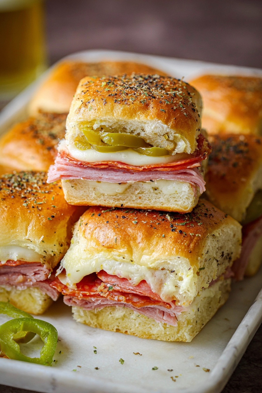 Italian Sub Slider Sandwiches, Italian sub sliders, Italian sandwich appetizers, easy slider sandwich recipes, party finger foods - A close-up of a square sandwich piece showing five visible layers: starting at the bottom, a thick, soft light brown bread layer, above it stacked slices of pinkish cured meat, then a smooth white cheese layer, topped with slices of green pickles and red peppers, and finished with a fluffy golden brown bread top sprinkled with green and black herbs. The sandwich sits on a dark plate on a white marbled surface; a blue baking dish with similar sandwiches is blurred in the background. Photo taken with an iphone --ar 2:3 --v 7