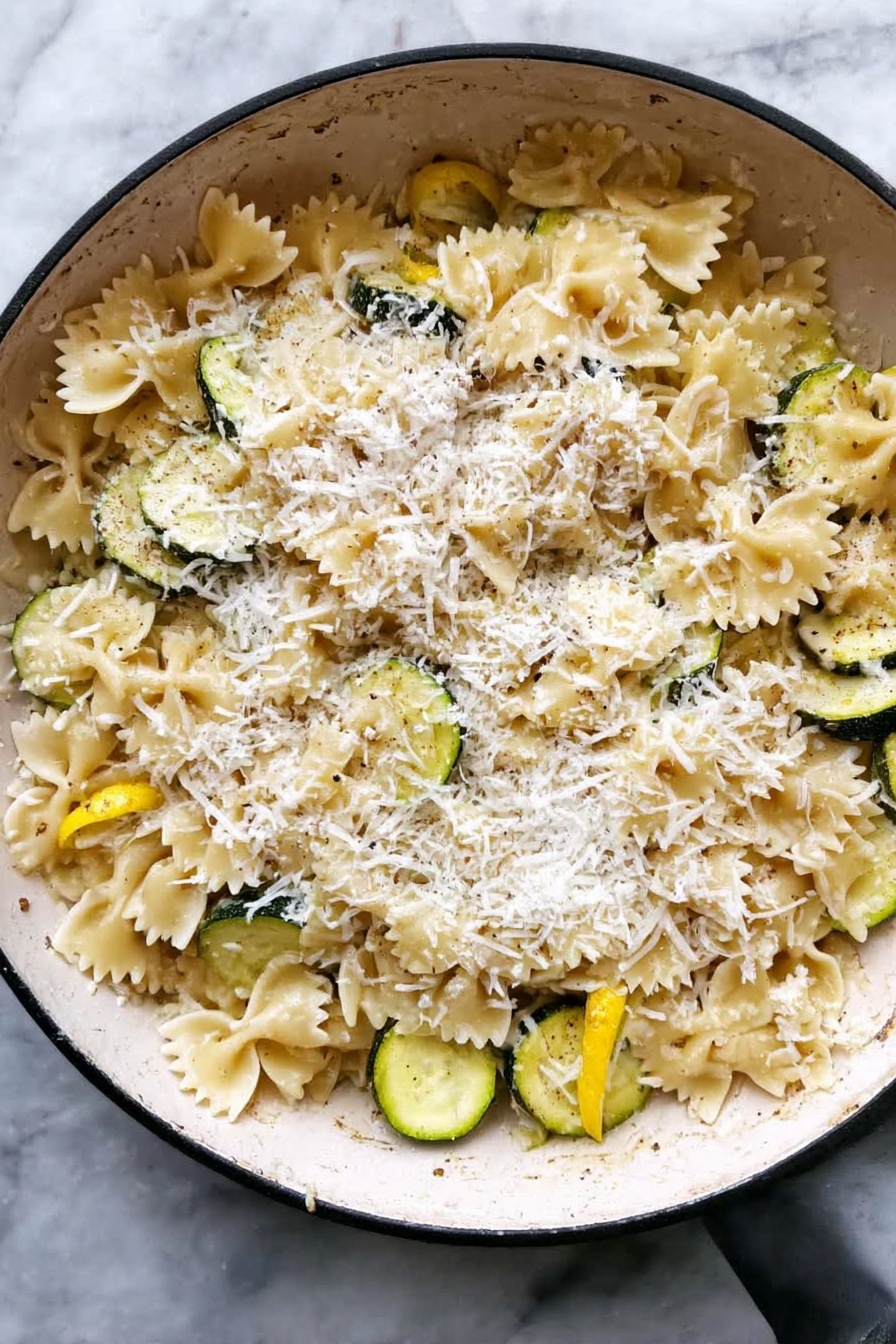 Lemon Chicken Pasta, easy lemon pasta recipe, creamy lemon chicken, quick weeknight pasta, flavorful chicken pasta - A white pan filled with farfalle pasta mixed with slices of yellow and green zucchini. The pasta and zucchini are covered with a thick layer of finely grated white cheese on top. The mix has a light sauce giving it a slightly shiny look. The pan is placed on a white marbled surface. photo taken with an iphone --ar 2:3 --v 7