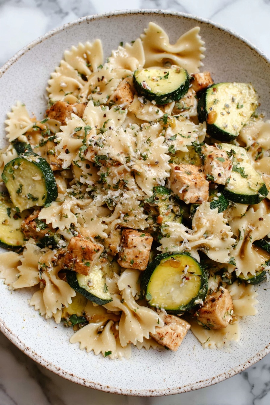 Lemon Chicken Pasta, easy lemon pasta recipe, creamy lemon chicken, quick weeknight pasta, flavorful chicken pasta - The dish shows a white plate filled with three layers of food. The bottom layer is light green and white slices of cooked zucchini scattered across the plate. The second layer has light brown cubes of cooked tofu spread evenly on top of the zucchini pieces. The top layer consists of creamy beige farfalle pasta mixed throughout with some small green herb pieces sprinkled over everything. The food looks slightly shiny with some oil and herbs on the surface. The plate is sitting on a white marbled surface. photo taken with an iphone --ar 2:3 --v 7