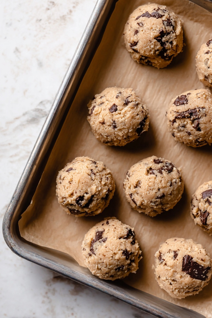 Espresso Chocolate Chip Cookies, coffee-flavored cookies, chocolate chip cookie recipe, easy coffee cookies, baked chocolate espresso treats - The image shows a close-up of eight round cookie dough balls placed on a baking tray lined with brown parchment paper. Each ball is light brown with visible dark chocolate chunks unevenly spread through the dough, giving a rough and grainy texture. The baking tray is silver and positioned over a white marbled background. In the top left corner of the image, there is a white circle with the black number 5 inside. Photo taken with an iphone --ar 2:3 --v 7