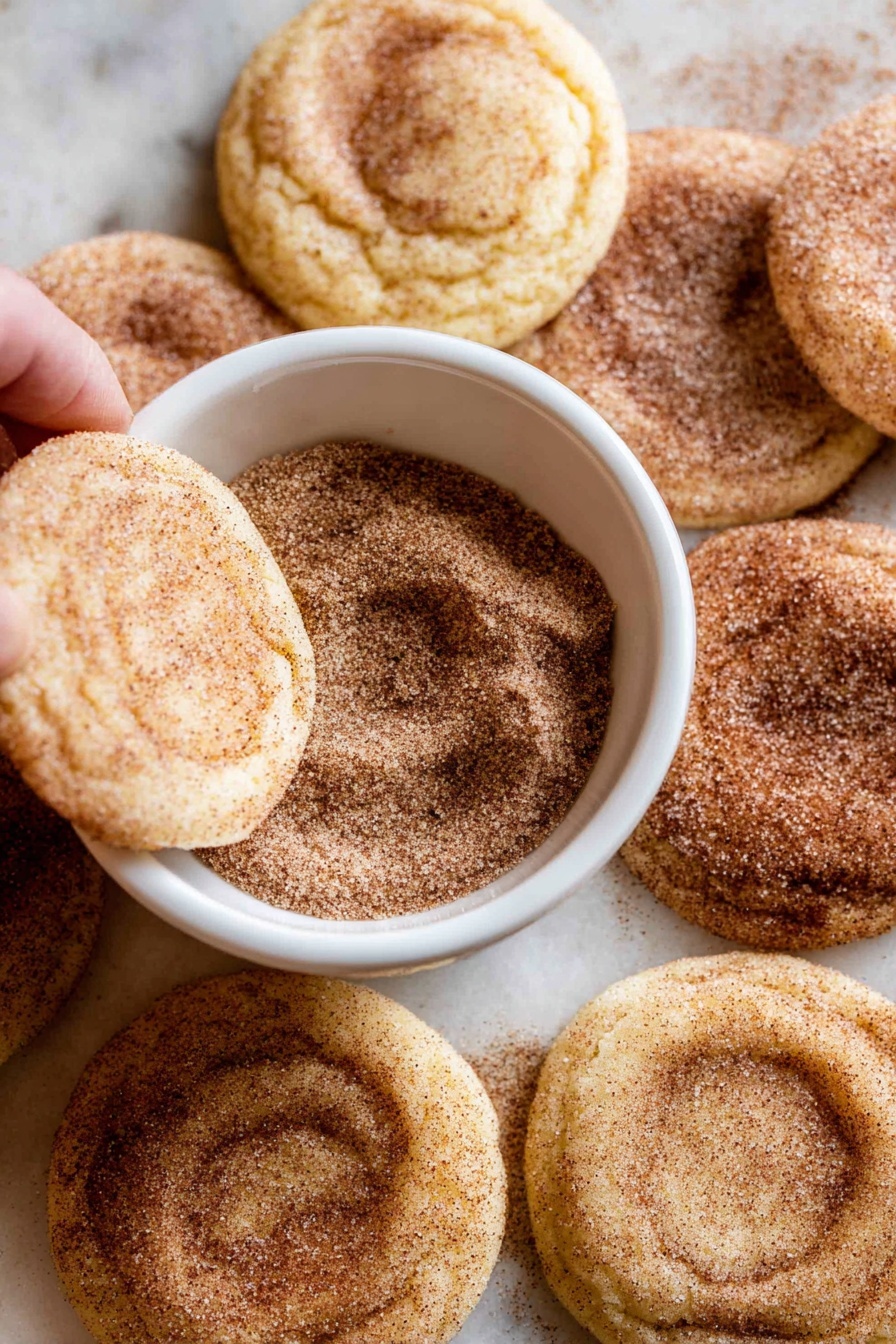 Chewy Snickerdoodle Cookies, cinnamon sugar cookies, soft chewy snickerdoodles, classic snickerdoodle recipe, best snickerdoodle cookies - A close-up view of many round cookies stacked closely on a baking tray lined with parchment paper, each cookie covered evenly with a layer of granulated sugar mixed with cinnamon, showing a rough, slightly cracked texture with light golden brown and darker brown shades; the edges of the cookies are slightly raised, giving them a soft and airy look. The baking tray has a dark border and rests on a white marbled surface. photo taken with an iphone --ar 2:3 --v 7
