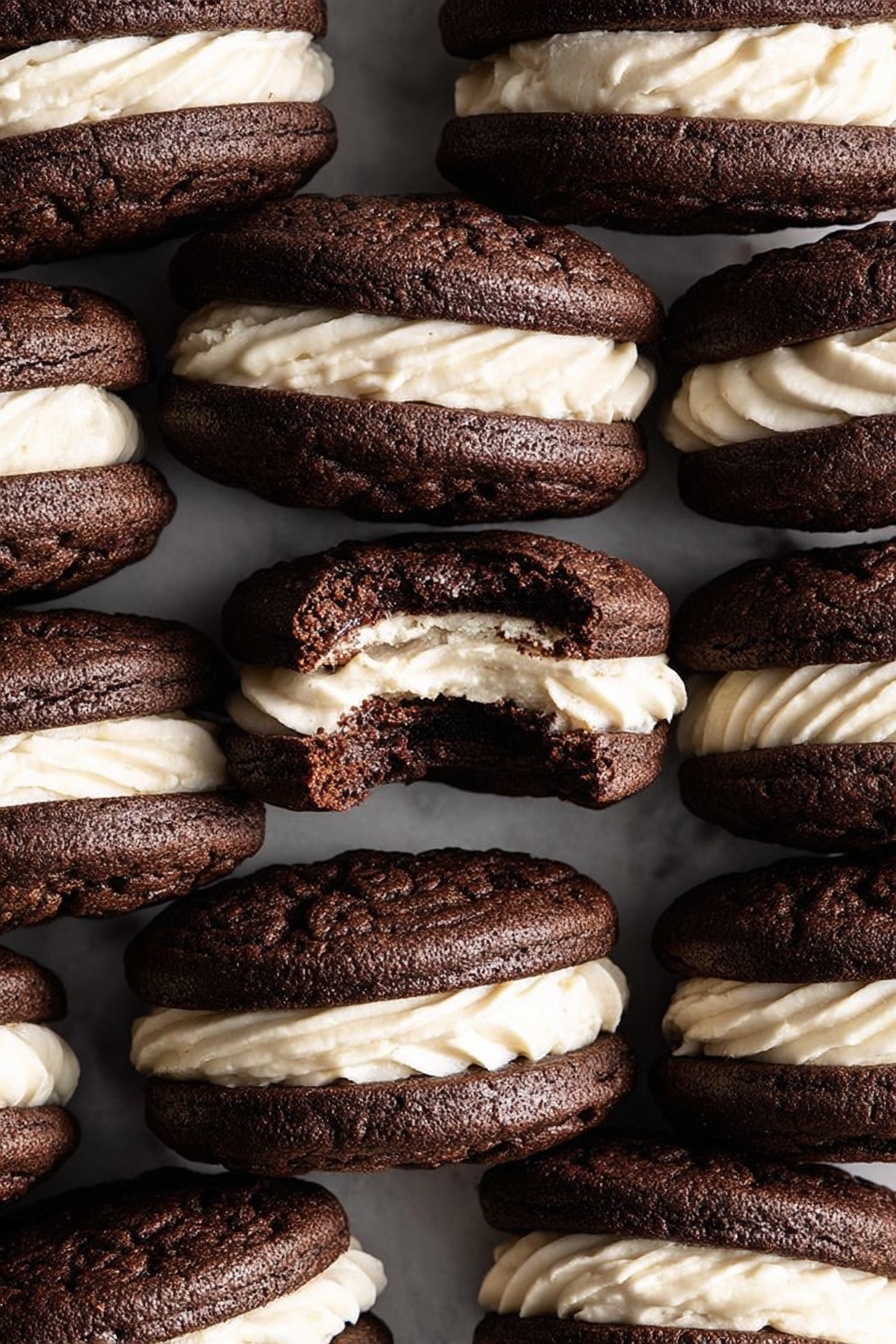 Brownie Cookie Sandwiches with Cookie Dough Buttercream, brownie cookie sandwiches, chocolate dessert recipes, cookie dough frosting ideas, easy brownie cookies - The image shows several sandwich cookies stacked closely together in rows, each cookie having two dark brown, slightly cracked textured chocolate layers, with a thick, swirled off-white cream layer in the middle, giving a soft and creamy look. One cookie in the middle has a bite taken out, showing the smooth cream contrasted with the crumbly chocolate cookie. The cookies are placed on a white marbled surface, filling up the photo frame fully. photo taken with an iphone --ar 2:3 --v 7