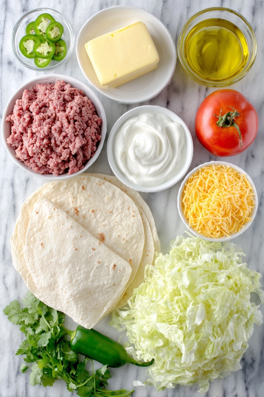 Keto Beef Crunchwraps, low-carb beef wraps, keto Tex-Mex recipes, keto dinner ideas, keto-friendly beef wraps - Flat lay of two tablespoons of unsalted butter, a small block of cream cheese, a small white bowl of heavy whipping cream, a small white bowl of shredded sharp cheddar cheese, a portion of raw ground beef, a small white bowl of taco seasoning powder, four whole low-carb tortillas stacked, a small white bowl of sour cream, a pile of shredded iceberg lettuce, one medium ripe tomato sliced in half, a small white bowl of extra shredded cheddar cheese, a small bunch of fresh cilantro sprigs, a small white bowl of sliced fresh jalapeños, and a small white bowl of olive oil, all arranged with perfect symmetry and balanced proportions, placed on a clean white marble surface, soft natural light, photo taken with an iPhone, professional food photography style, fresh ingredients, white ceramic bowls, no bottles, no duplicates, no utensils, no packaging --ar 2:3 --v 7 --p m7354615311229779997