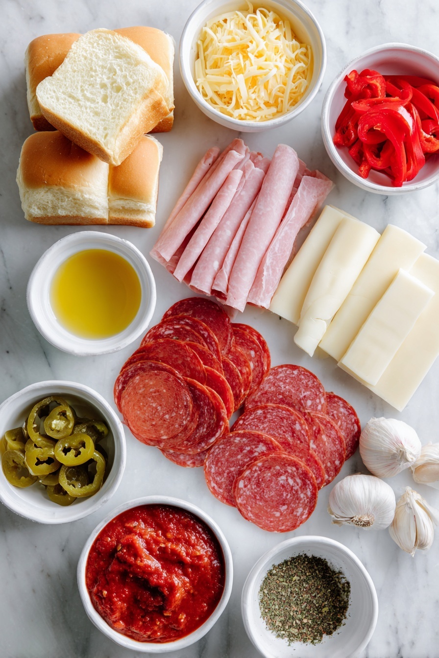 Italian Sub Slider Sandwiches, Italian sub sliders, Italian sandwich appetizers, easy slider sandwich recipes, party finger foods - Flat lay of a small stack of golden halved Hawaiian rolls, thinly sliced pink ham, folded red salami slices, round pepperoni slices with a rich red color, smooth white provolone cheese slices, a small white bowl of sliced green pepperoncini, a small white bowl of sliced bright red pickled hot cherry peppers, a small white bowl of melted golden butter, fresh garlic cloves whole and uncracked, a small white bowl of mixed Italian seasoning herbs, and a small white bowl of vibrant red marinara sauce, all arranged with perfect symmetry on a clean white marble surface, soft natural light, photo taken with an iPhone, professional food photography style, fresh ingredients, white ceramic bowls, no bottles, no duplicates, no utensils, no packaging --ar 2:3 --v 7 --p m7354615311229779997