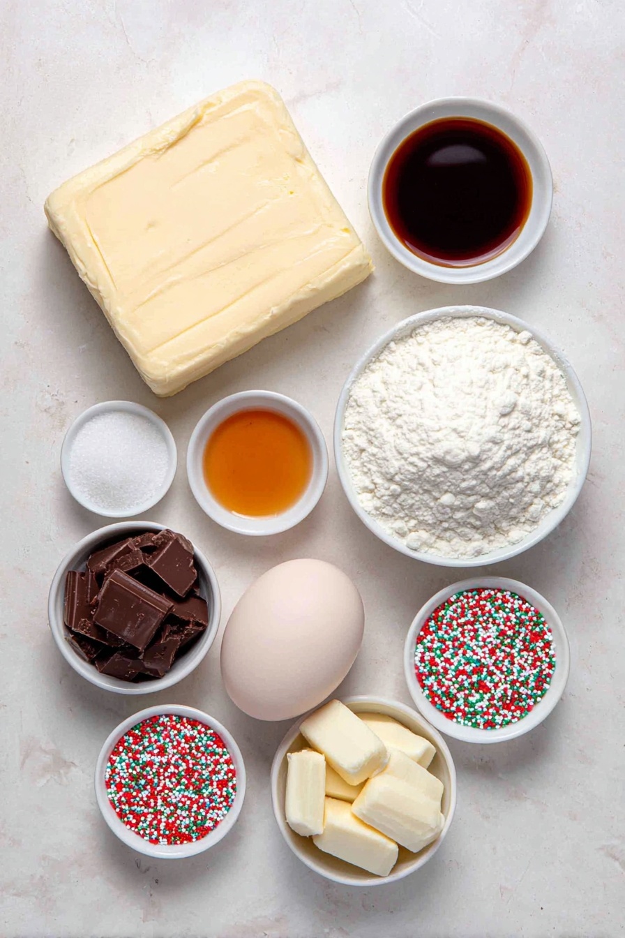 Valentine Heart Cookies with Chocolate Dip, Valentine Cookies, Heart-Shaped Cookies, Chocolate Dip Cookies, Easy Valentine's Day Cookies - Flat lay of a large square of pale yellow unsalted butter, a small white ceramic bowl filled with granulated white sugar, a small white ceramic bowl holding clear golden vanilla extract, a few coarse white salt crystals scattered neatly, one large smooth whole egg with a clean shell, a small mound of fine white all-purpose flour, a small white ceramic bowl filled with shiny dark brown chocolate melting wafers, a small white ceramic bowl with smooth creamy white chocolate melting wafers, and a small heap of colorful round nonpareils, all arranged with perfect symmetry on a clean white marble surface, soft natural light, photo taken with an iPhone, professional food photography style, fresh ingredients, white ceramic bowls, no bottles, no duplicates, no utensils, no packaging --ar 2:3 --v 7 --p m7354615311229779997