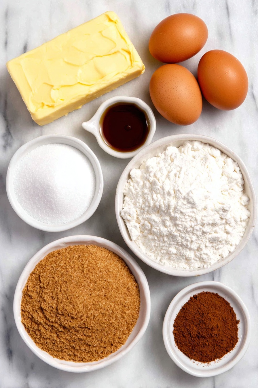 Chewy Snickerdoodle Cookies, cinnamon sugar cookies, soft chewy snickerdoodles, classic snickerdoodle recipe, best snickerdoodle cookies - Flat lay of a stick of salted butter, a small mound of granulated sugar, a small mound of packed brown sugar, two large whole eggs with clean shells, a small white bowl of vanilla extract, a small white bowl of all-purpose flour, a small white bowl with a mixture of baking soda, kosher salt, and cream of tartar, a small white bowl with granulated sugar, a small white bowl filled with ground cinnamon, all arranged symmetrically on a clean white marble surface, soft natural light, photo taken with an iPhone, professional food photography style, fresh ingredients, white ceramic bowls, no bottles, no duplicates, no utensils, no packaging --ar 2:3 --v 7 --p m7354615311229779997