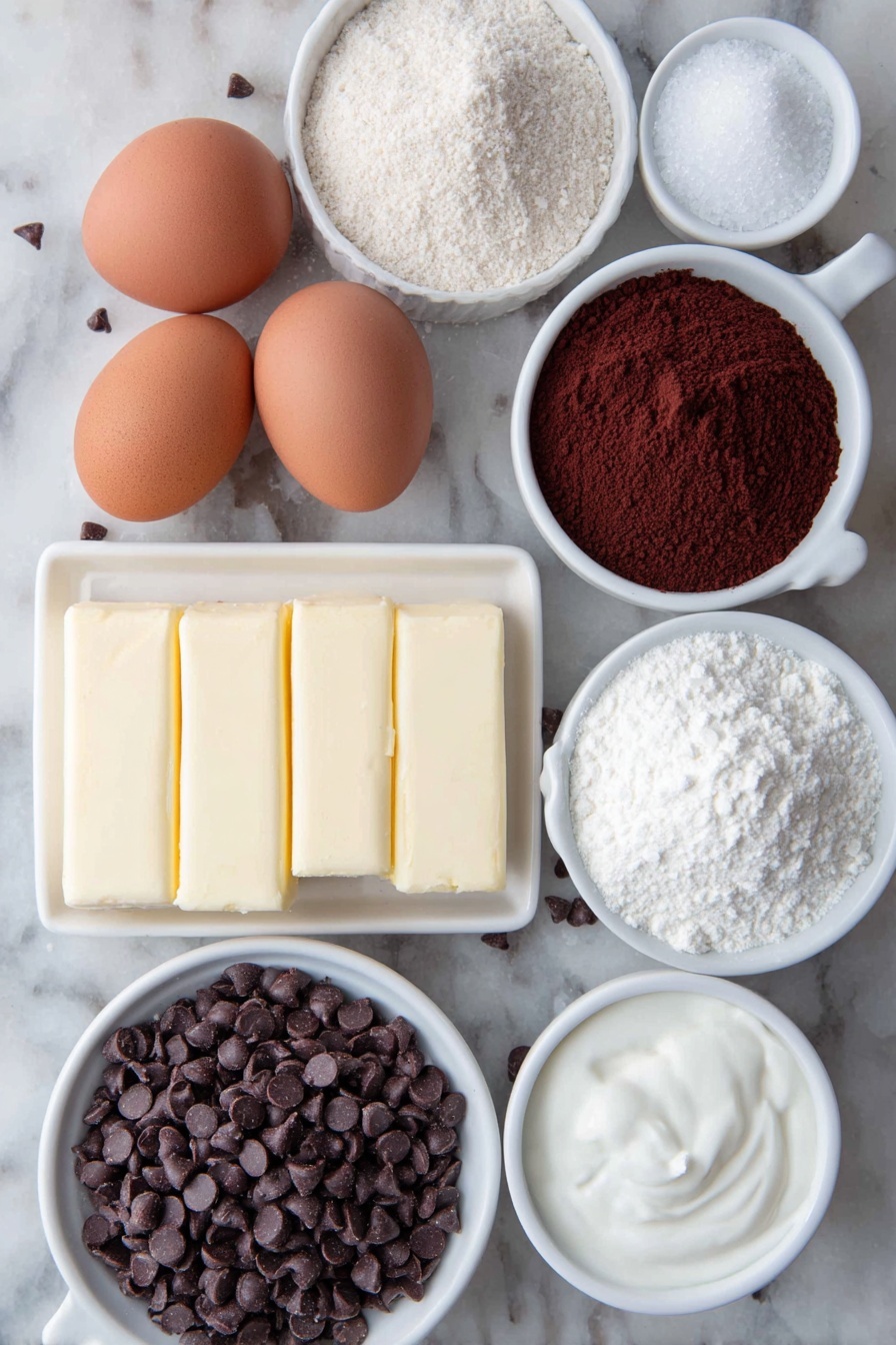 Brownie Cookie Sandwiches with Cookie Dough Buttercream, brownie cookie sandwiches, chocolate dessert recipes, cookie dough frosting ideas, easy brownie cookies - Flat lay of a small pile of unsalted butter sticks with one partially unwrapped, a heap of bittersweet chocolate chips, two white ceramic bowls—one filled with light brown sugar crystals and one with granulated sugar, three whole brown eggs with clean shells, a bunch of pure white all-purpose flour slightly spilled beside a bowl, another heap of bread flour, a small white bowl holding smooth Dutch process cocoa powder, a white bowl containing fine confectioners sugar, a fresh vanilla bean pod, a few sprigs of flaky sea salt crystals on a white ceramic dish, and a small white bowl with heavy cream, all arranged symmetrically in realistic proportions on a clean white marble surface, soft natural light, photo taken with an iPhone, professional food photography style, fresh ingredients, white ceramic bowls, no bottles, no duplicates, no utensils, no packaging --ar 2:3 --v 7 --p m7354615311229779997