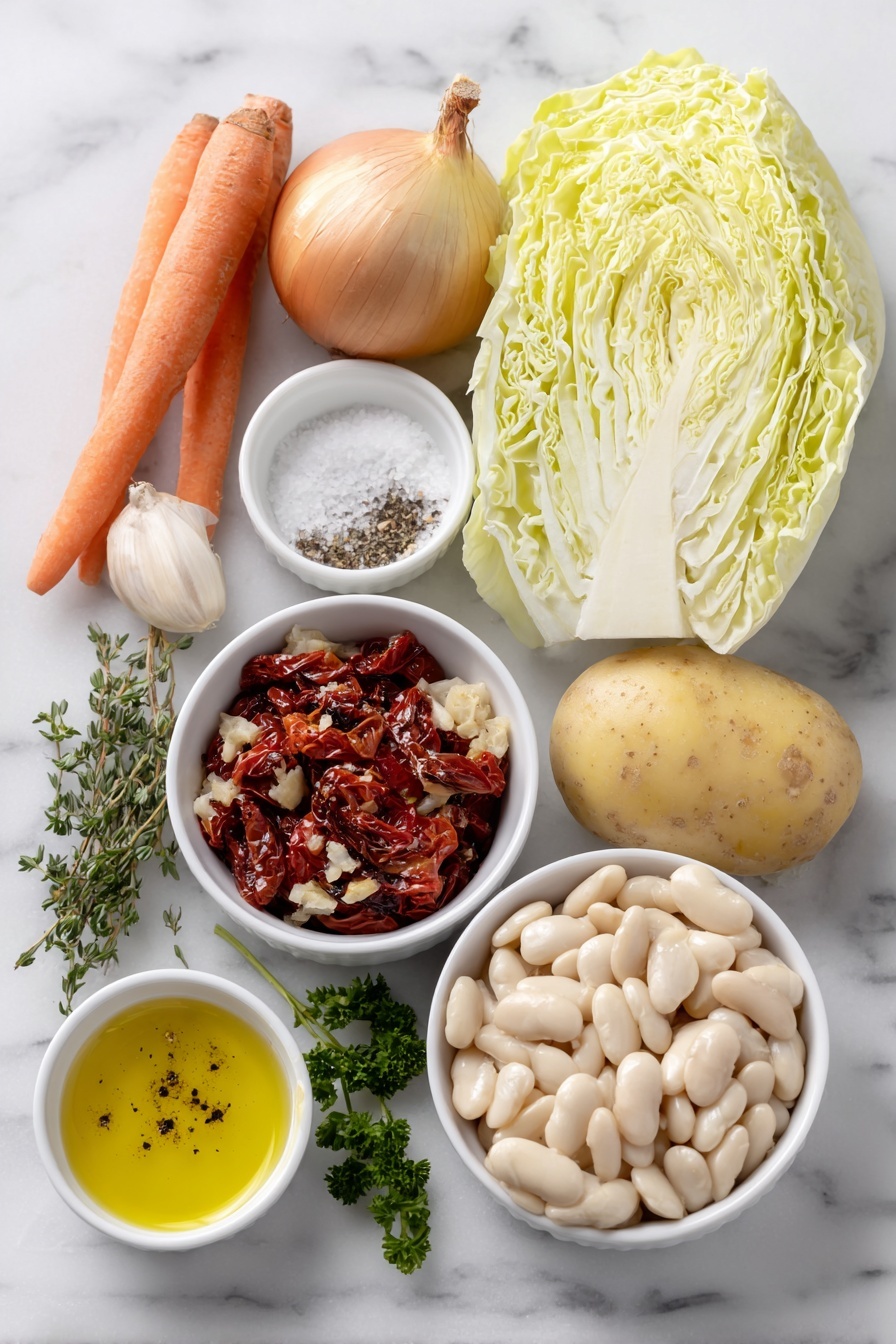 Hearty Cabbage Soup, comforting cabbage soup recipe, wholesome vegetable soup, easy cabbage soup, healthy soup recipe - Flat lay of a small white ceramic bowl of extra-virgin olive oil, two fresh whole carrots with bright orange skin, one medium yellow onion with smooth golden-brown outer layers, a single crisp celery rib with leafy top, a small white ceramic bowl of coarse sea salt, a small white ceramic bowl of freshly ground black pepper, a small white ceramic bowl of white wine vinegar, a handful of fire-roasted diced tomatoes showing charred edges and vibrant red color, a simple pile of white beans with a smooth creamy texture, four peeled garlic cloves with creamy white skin, two Yukon Gold potatoes with light golden yellow skin and clean diced pieces, a small fresh green cabbage cut into large leafy wedges, a small white ceramic bowl with dried thyme leaves, and a few sprigs of fresh green parsley arranged neatly, placed on a clean white marble surface, soft natural light, photo taken with an iPhone, professional food photography style, fresh ingredients, white ceramic bowls, no bottles, no duplicates, no utensils, no packaging --ar 2:3 --v 7 --p m7354615311229779997