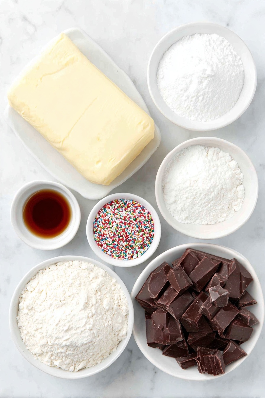 Chocolate Shortbread Cookies, chocolate shortbread recipe, easy chocolate cookies, buttery shortbread cookies, homemade chocolate cookies - Flat lay of a large chunk of unsalted butter, a small white ceramic bowl of fine powdered sugar, a small white ceramic bowl of Dutch-process cocoa powder, a small white ceramic bowl of all-purpose flour, a small white ceramic bowl with clear vanilla extract, a small white ceramic bowl of fine table salt, a small white ceramic bowl filled with irregular chunks of dark baking chocolate, and a handful of colorful round sprinkles scattered neatly nearby, all arranged in perfect symmetry on a clean white marble surface, soft natural light, photo taken with an iPhone, professional food photography style, fresh ingredients, white ceramic bowls, no bottles, no duplicates, no utensils, no packaging --ar 2:3 --v 7 --p m7354615311229779997