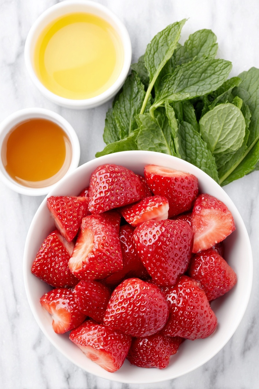 Strawberry Mint Fruit Salad, fresh fruit salad with strawberries and mint, easy fruit salad recipe, healthy summer fruit salad, refreshing fruit salad - Flat lay of fresh whole strawberries with green leafy tops removed and cut into bite-sized pieces in a simple white ceramic bowl, a small white bowl of bright yellow lemon juice, fresh whole mint leaves arranged neatly on the side, a small white bowl containing golden maple syrup, all ingredients fresh and natural, perfectly balanced and symmetrical composition, placed on a clean white marble surface, soft natural light, photo taken with an iPhone, professional food photography style, fresh ingredients, white ceramic bowls, no bottles, no duplicates, no utensils, no packaging --ar 2:3 --v 7 --p m7354615311229779997
