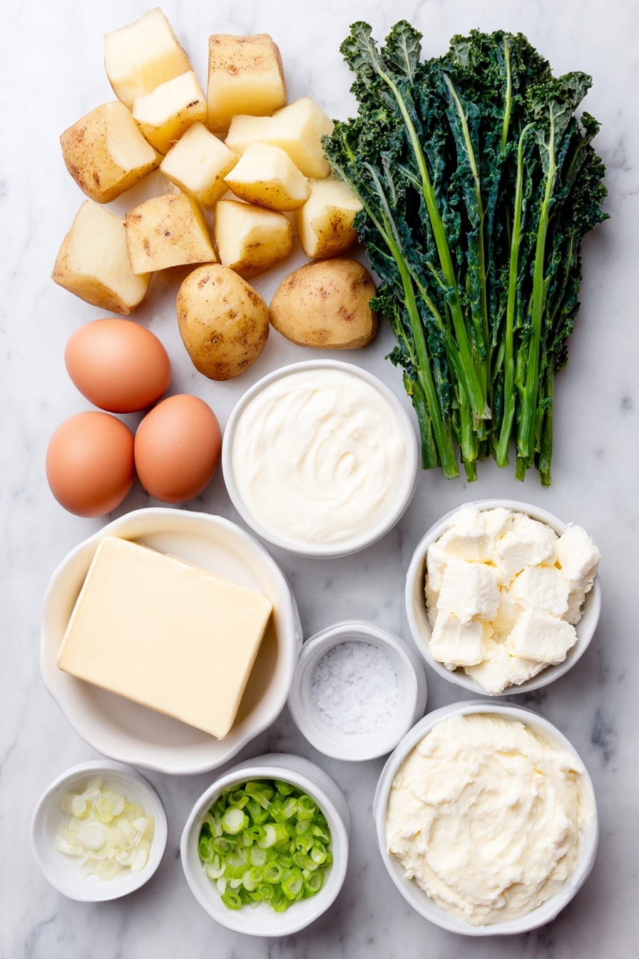 Kale Colcannon Mashed Potatoes, creamy garlic mashed potatoes with kale, hearty veggie mashed potatoes, easy kale mashed potato recipe, Irish-style kale mash - Flat lay of a pile of peeled russet potatoes cut into chunks, a large bunch of dark green Tuscan kale with ribs removed and chopped into bite-sized pieces, two whole brown eggs with clean shells, a small white ceramic bowl of unsalted butter pats, a small white ceramic bowl filled with smooth cream cheese, a small white ceramic bowl containing thick sour cream, a small white ceramic bowl holding thinly sliced bright green onions, a small white ceramic bowl with minced garlic, and a small white ceramic bowl of fine sea salt crystals, all arranged in perfect symmetry and realistic proportions on a clean white marble surface, soft natural light, photo taken with an iPhone, professional food photography style, fresh ingredients, white ceramic bowls, no bottles, no duplicates, no utensils, no packaging --ar 2:3 --v 7 --p m7354615311229779997