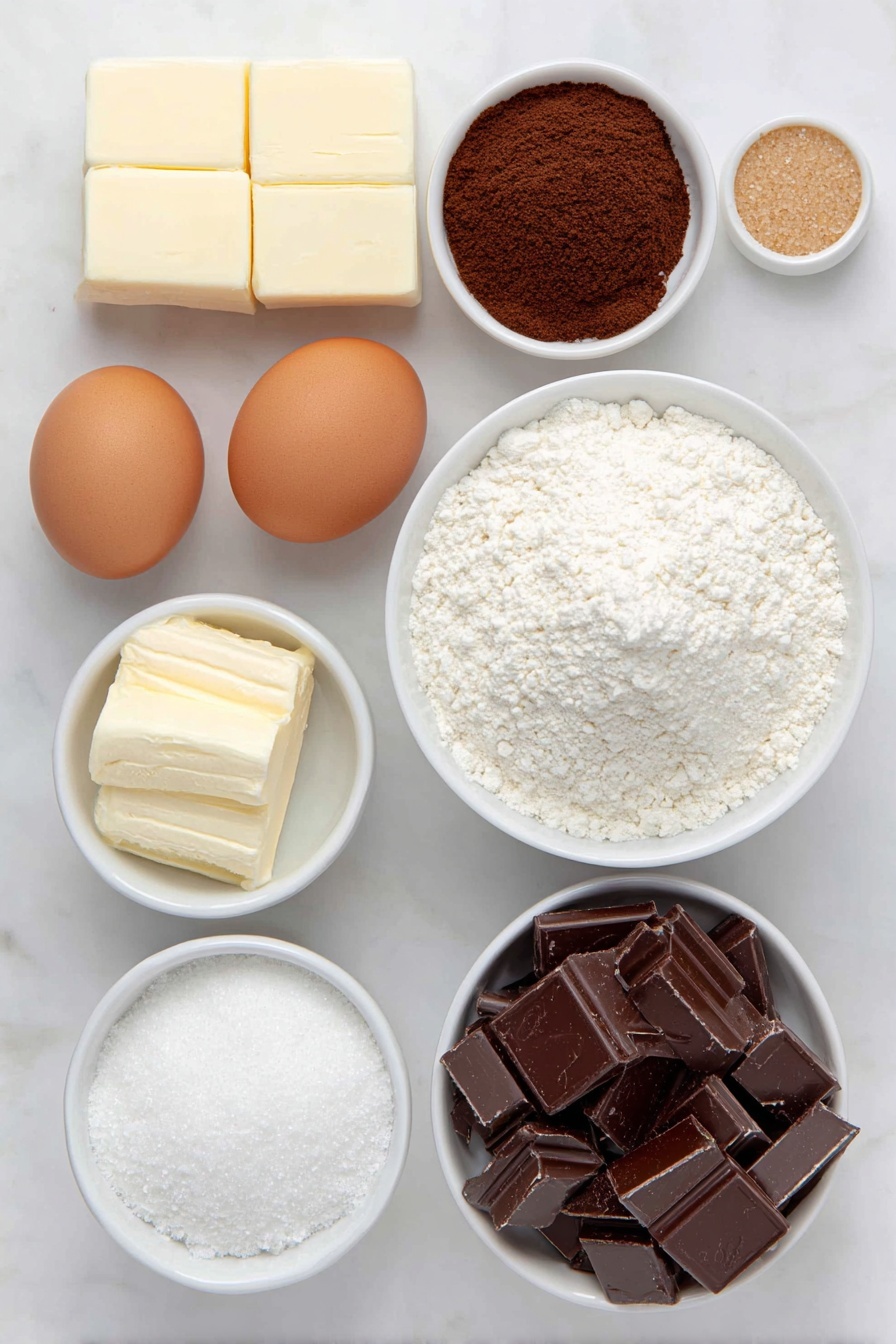 Espresso Chocolate Chip Cookies, coffee-flavored cookies, chocolate chip cookie recipe, easy coffee cookies, baked chocolate espresso treats - Flat lay of a few small cubes of unsalted butter, a small white bowl of finely ground espresso, a small white bowl of light brown sugar, a small white bowl of granulated sugar, one whole uncracked large brown egg, one whole uncracked large egg yolk with shell intact, a small white bowl of vanilla extract, a small mound of all-purpose flour, a small white bowl of baking soda powder, a small white bowl of fine salt, and a small white bowl filled with chopped semi-sweet chocolate chunks, all arranged symmetrically on a clean white marble surface, soft natural light, photo taken with an iPhone, professional food photography style, fresh ingredients, white ceramic bowls, no bottles, no duplicates, no utensils, no packaging --ar 2:3 --v 7 --p m7354615311229779997
