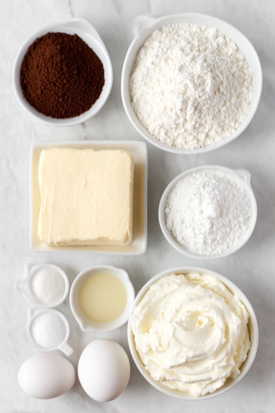 Tiramisu Coffee Cookies with Mascarpone Frosting, Coffee Cookies with Mascarpone Frosting, Coffee Dessert Recipes, Italian Cookies, Coffee and Mascarpone Treats - Flat lay of a small mound of unsalted butter with a slightly softened texture, a small white ceramic bowl filled with dark brown instant espresso powder, a neat pile of fine all purpose flour, a small heap of white cornstarch powder, a small heap of baking powder crystals, a small heap of baking soda powder, a modest pile of white granulated sugar, one large whole egg with a smooth clean shell, a small white ceramic bowl of pale golden vanilla extract, a chunk of cold creamy mascarpone cheese, a small white ceramic bowl of powdered sugar, a small white ceramic bowl of cocoa powder with a rich dark brown color, a small white ceramic bowl filled with cold heavy whipping cream with gentle ripples on the surface, all ingredients perfectly arranged in balanced symmetry on a clean white marble surface, soft natural light, photo taken with an iPhone, professional food photography style, fresh ingredients, white ceramic bowls, no bottles, no duplicates, no utensils, no packaging --ar 2:3 --v 7 --p m7354615311229779997