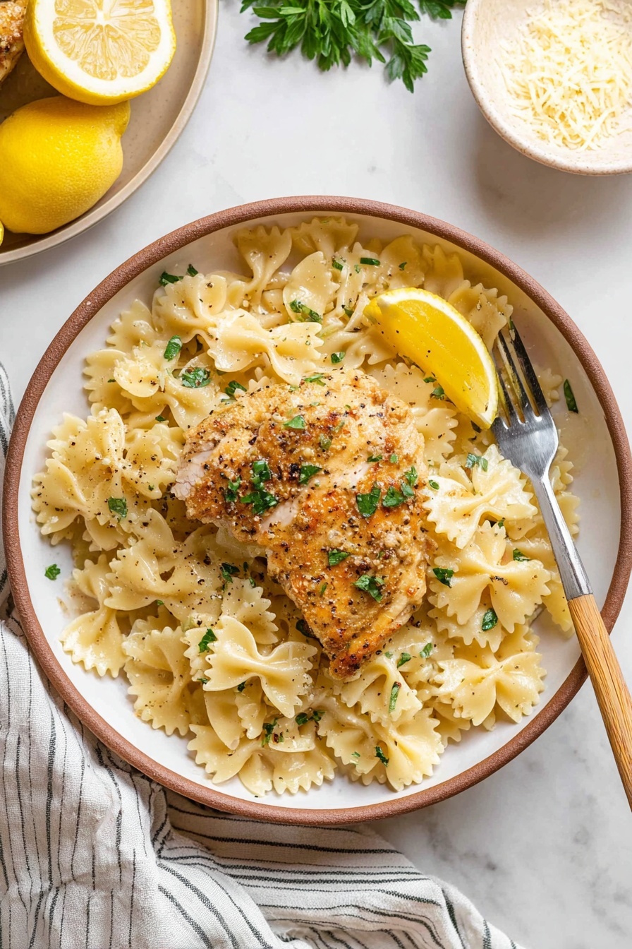 Lemon Chicken Pasta, Lemon Chicken Pasta recipe, quick lemon chicken pasta, easy lemon pasta dinner, healthy lemon chicken dish - A round white plate with a brown rim holds a serving of farfalle pasta layered evenly on the bottom, showing a light creamy-yellow color with a slight shine. On top of the pasta lies a golden-brown cooked chicken piece, slightly crisp on the outside, garnished with small green parsley leaves and black pepper flakes. A small lemon wedge sits on the chicken, adding a bright yellow contrast. A fork with a light wooden handle rests on the right side of the plate, tipped slightly into the pasta. The setting is on a white marbled surface with part of a striped cloth visible at the bottom, a beige plate holding a lemon and parsley partly seen in the top left, and a white bowl with grated cheese in the top right. photo taken with an iphone --ar 2:3 --v 7
