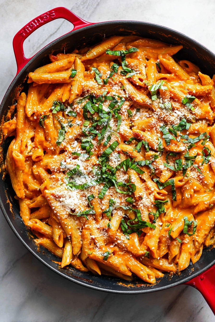 Creamy Tomato Pasta Skillet, easy creamy tomato pasta, quick pasta dinner ideas, one-pan pasta recipes, comforting weeknight meals - A black skillet with a red handle holds one layer of creamy penne pasta coated in a rich orange tomato sauce. The pasta is topped with a mix of finely chopped green basil leaves spread evenly across and sprinkled with white grated cheese that adds texture and contrast. The skillet is placed on a white marbled surface. photo taken with an iphone --ar 2:3 --v 7