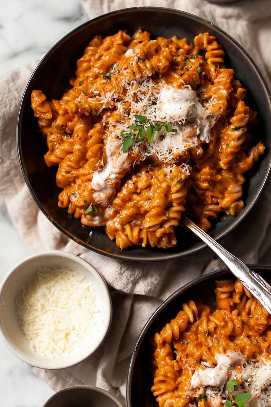 Creamy Tomato Beef Pasta, hearty beef pasta, creamy pasta recipes, quick weeknight pasta, one-pot beef pasta - The image shows two dark bowls filled with creamy rotini pasta in a reddish-orange sauce. Each bowl is topped with a sprinkle of grated cheese and small green herb leaves. The pasta looks thick and twisted, coated evenly in the sauce, with some white creamy sauce swirled through. A silver spoon rests in the closer bowl, partially lifting some pasta. The bowls are placed on a soft light cloth over a white marbled surface, with a white bowl of grated cheese and spoon showing on the side. photo taken with an iphone --ar 2:3 --v 7