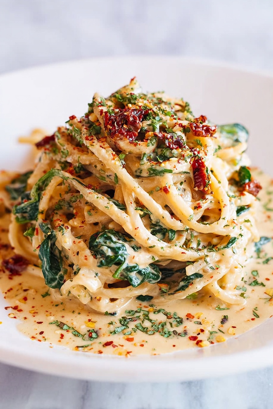 Sun-Dried Tomato Spinach Linguine, sun-dried tomato pasta, creamy spinach pasta, quick vegetarian pasta, flavorful Italian pasta - A large mound of creamy pasta sits in the center of a white plate, covered with thick noodles coated in a light beige sauce. Mixed throughout are dark green spinach leaves and small pieces of reddish-brown sun-dried tomatoes. The pasta is sprinkled with finely chopped herbs and red spices that add specks of green and red on top, giving the dish a textured look. The sauce pools slightly around the base of the pasta, making the edges look shiny and smooth. The white plate rests on a white marbled surface. Photo taken with an iphone --ar 2:3 --v 7